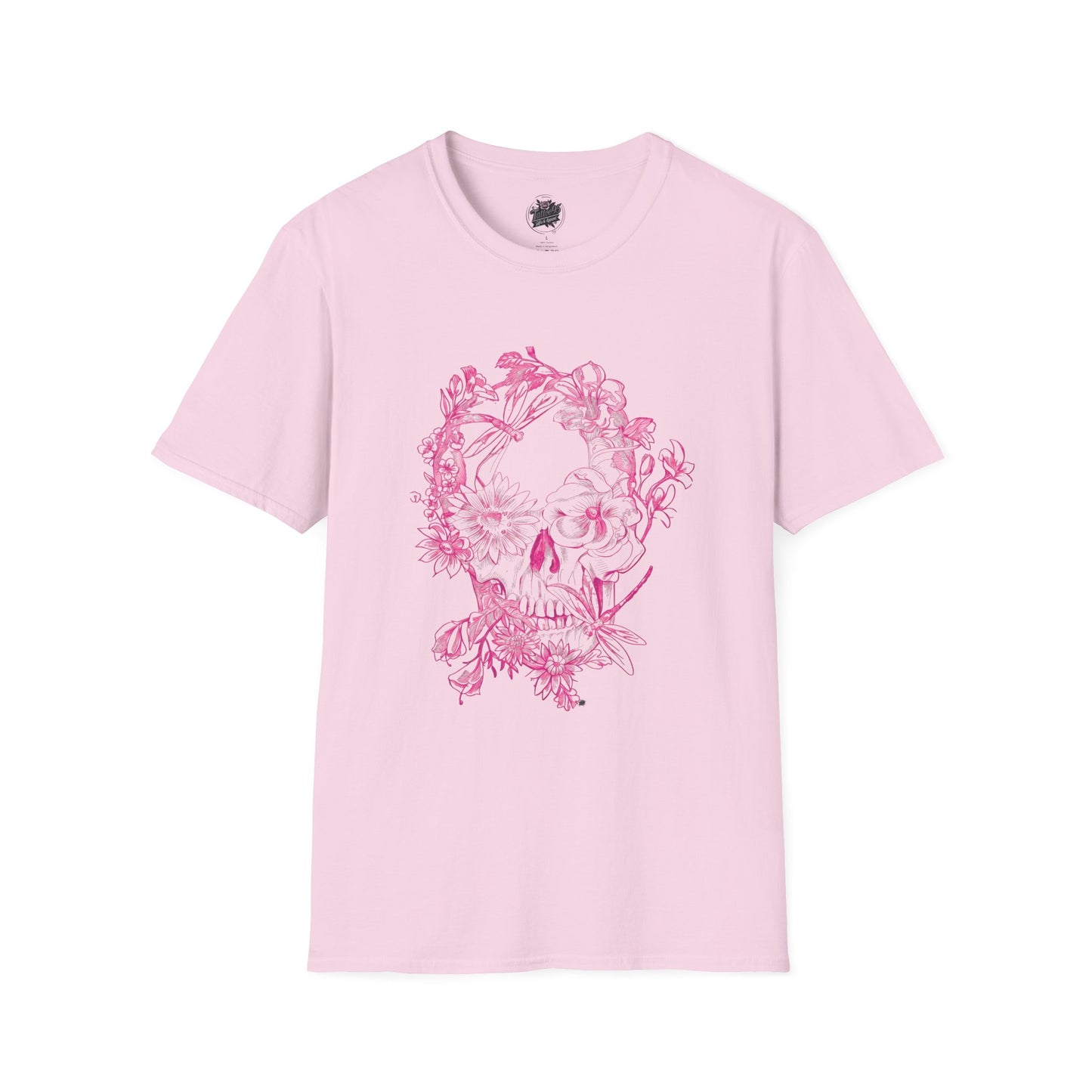 Floral Skull and Dragonfly Tattoo Art (Pink) - Unisex Softstyle T-Shirt