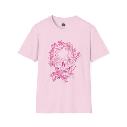 Floral Skull and Dragonfly Tattoo Art (Pink) - Unisex Softstyle T-Shirt