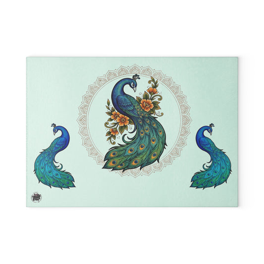 Floral Peacock - Glass Cutting Board — Decorative Tempered Glass Chopping Board with Elegant Peacock Design