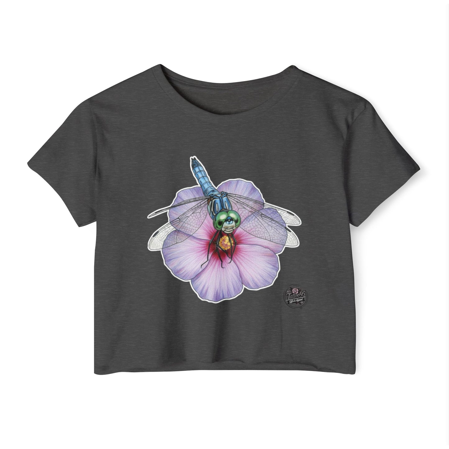 Dragonfly Hibiscus - Charcoal Cropped TShirt (XS-2XL)