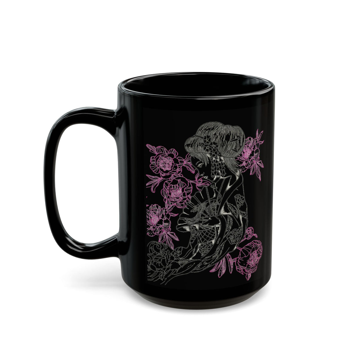 Flowing Geisha Tattoo - Coffee Mug — 11oz & 15oz - Black Background