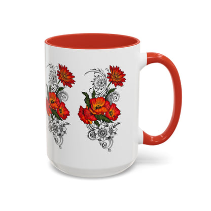 Orange & Red Poppy Flowers Original Tattoo Artwork - Coffee Mug (11oz & 15oz) Your choice of Interior & Handle choices