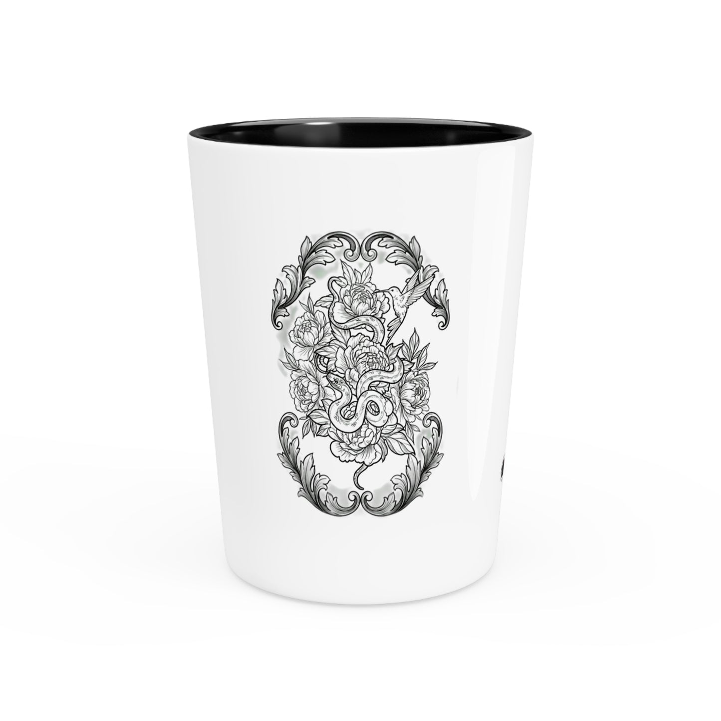 Snake, Hummingbird and Peonies Tattoo Artwork- Ceramic Shot Glass