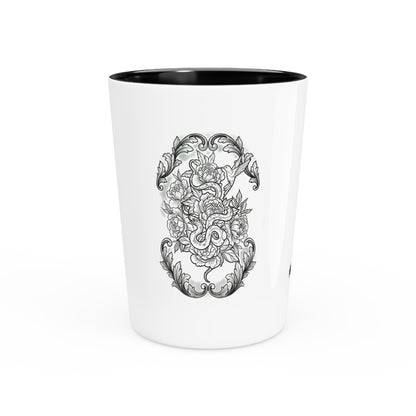 Snake, Hummingbird and Peonies Tattoo Artwork- Ceramic Shot Glass