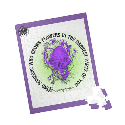 Floral Skull and Dragonfly Tattoo Art (Purple) - Find Someone Who Grows Flowers in the Darkest Part of You  - Jigsaw Puzzle — PIECES are 110, 252 and 520 Glossy Finish