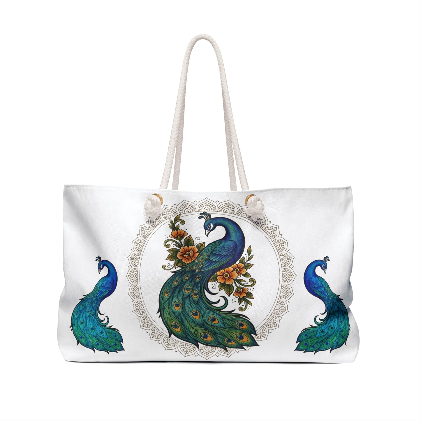 Floral Peacocks - Weekender Bag — Spacious Travel Tote with Elegant Bird Mandala Design