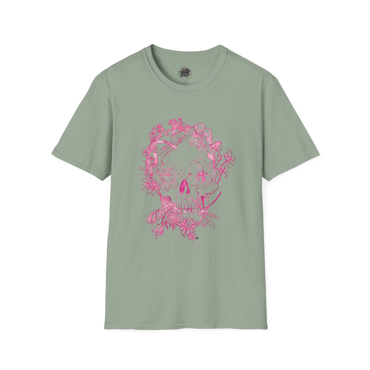 Floral Skull and Dragonfly Tattoo Art (Pink) - Unisex Softstyle T-Shirt