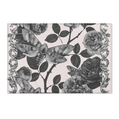 Vintage Botanical Moth Area Rug – Monochrome Floral Accent Rug