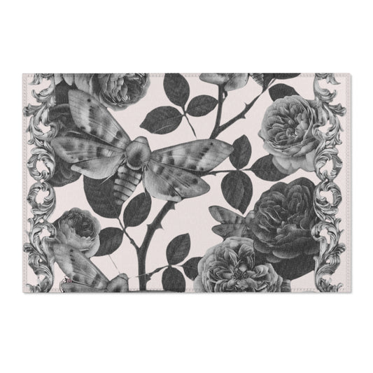 Vintage Botanical Moth Area Rug – Monochrome Floral Accent Rug