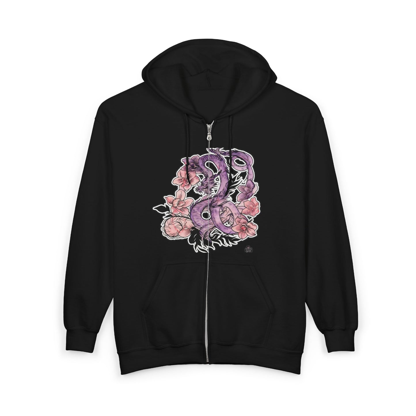 Dragon Orchids - Black Full-Zip Hoodie — Tattoo Art Heavy Blend Sweatshirt