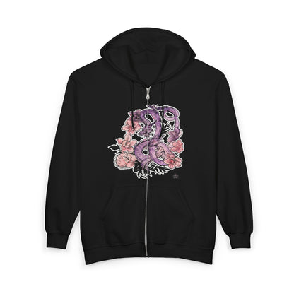 Dragon Orchids - Black Full-Zip Hoodie — Tattoo Art Heavy Blend Sweatshirt