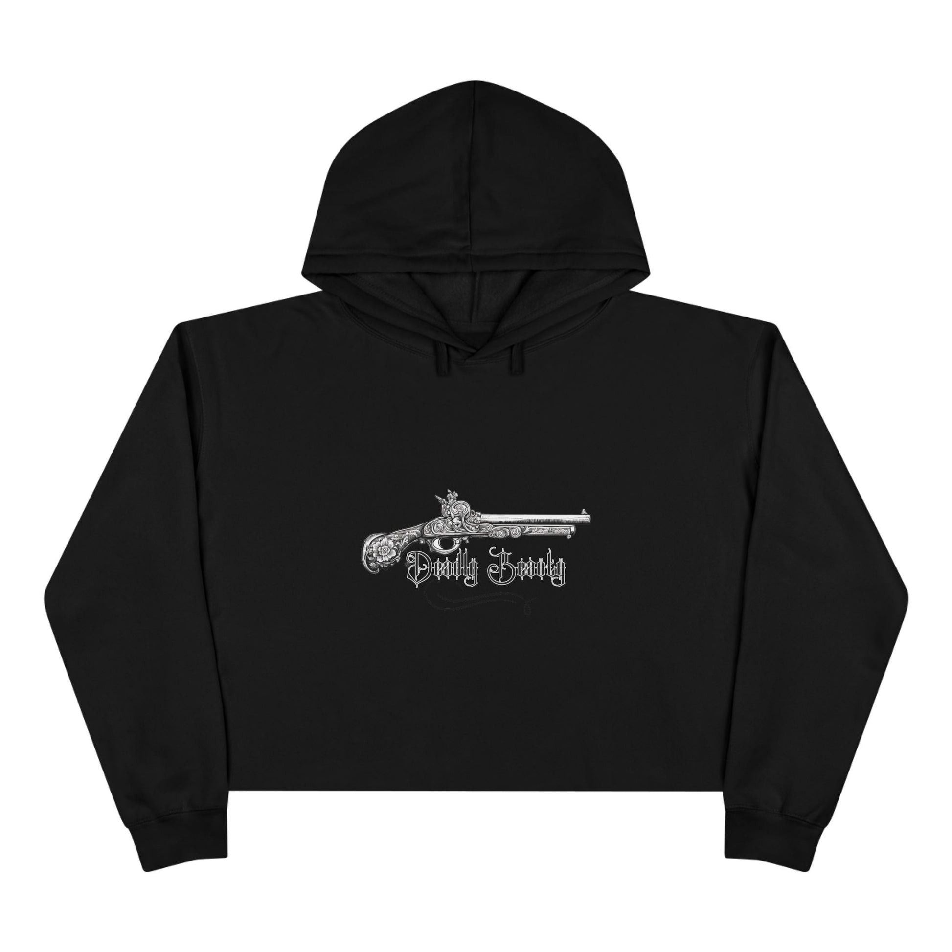Black hoodie with a white graphic design on a white background