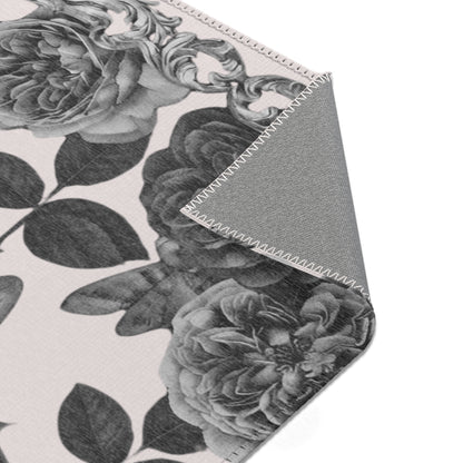 Vintage Botanical Moth Area Rug – Monochrome Floral Accent Rug