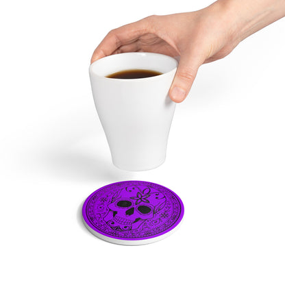 Sugar Skull - Round/Square Ceramic Drink Coaster— Purple Black Day of the Dead Decorative