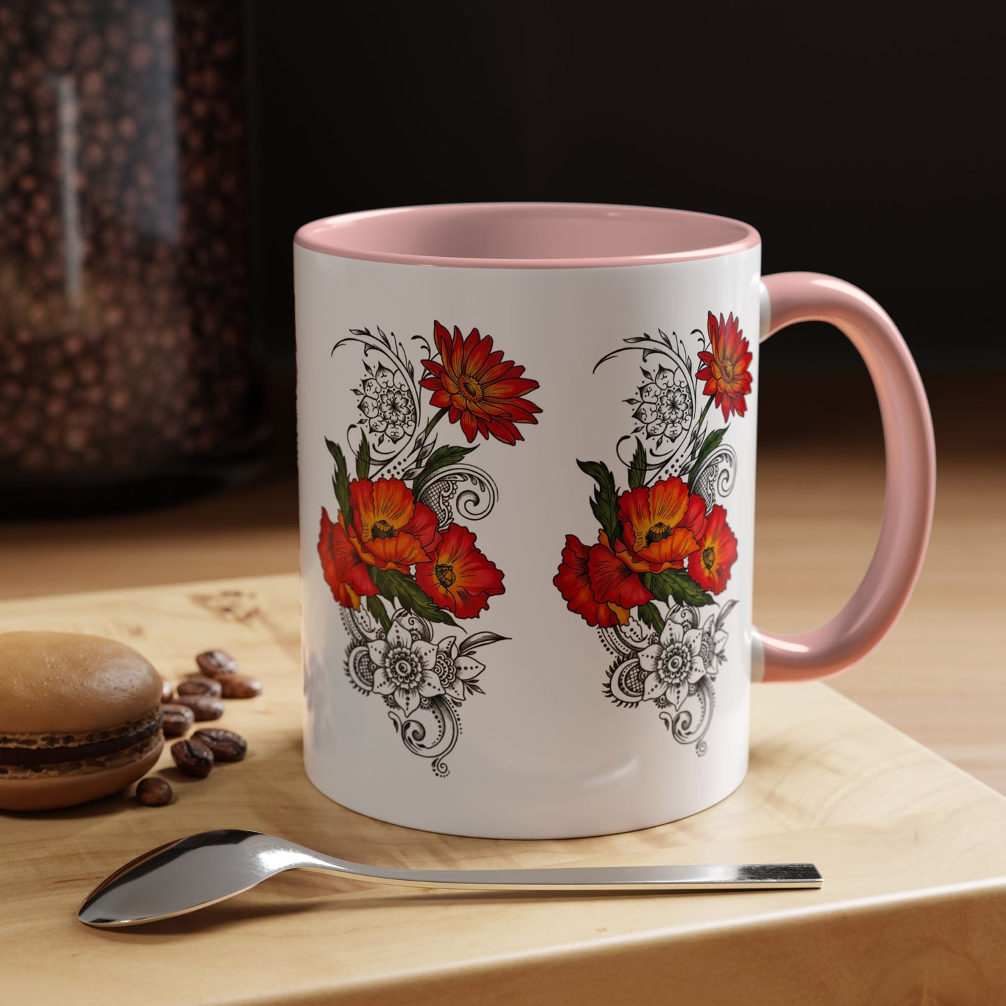 Orange & Red Poppy Flowers Original Tattoo Artwork - Coffee Mug (11oz & 15oz) Your choice of Interior & Handle choices