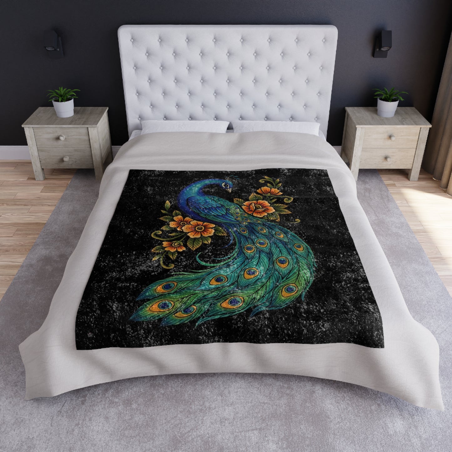 Floral Peacock - Crushed Velvet Blanket (50" x 60")