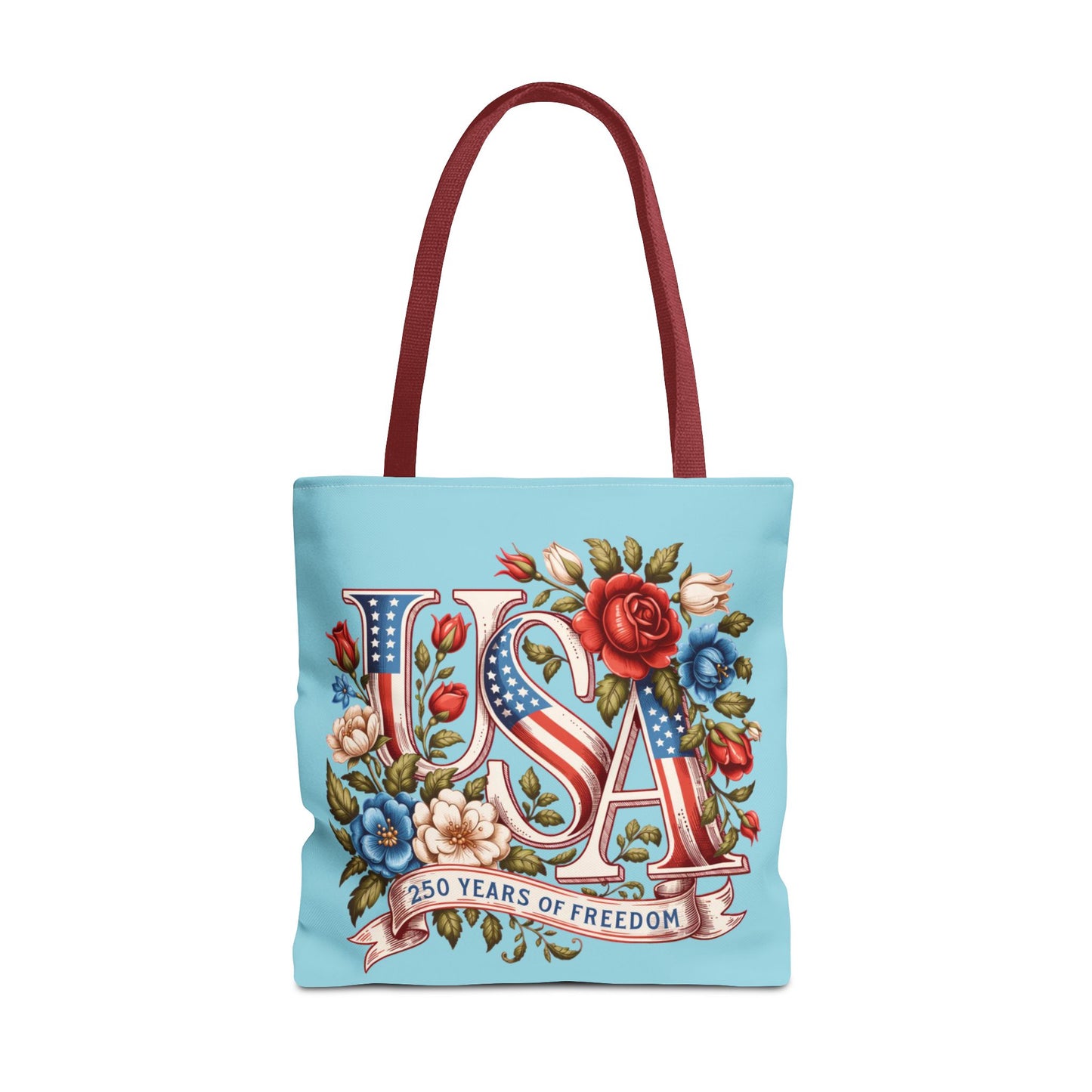 Floral USA -- Happy 250th Birthday America Tote Bag — Patriotic 4th of July Celebration Tote