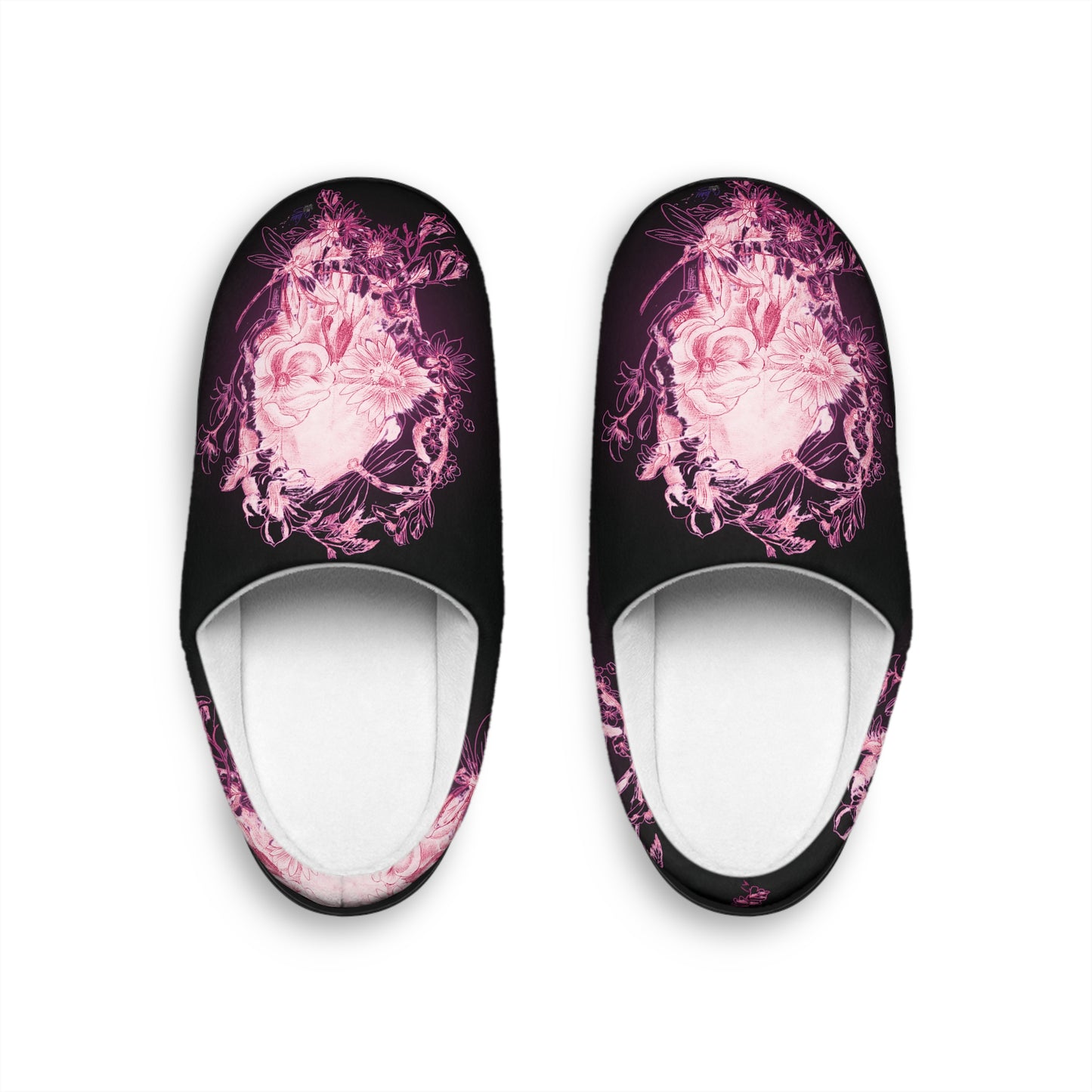 Floral Skull and Dragonfly Tattoo Art (Pink) - Black & Pink Comfy House Slippers
