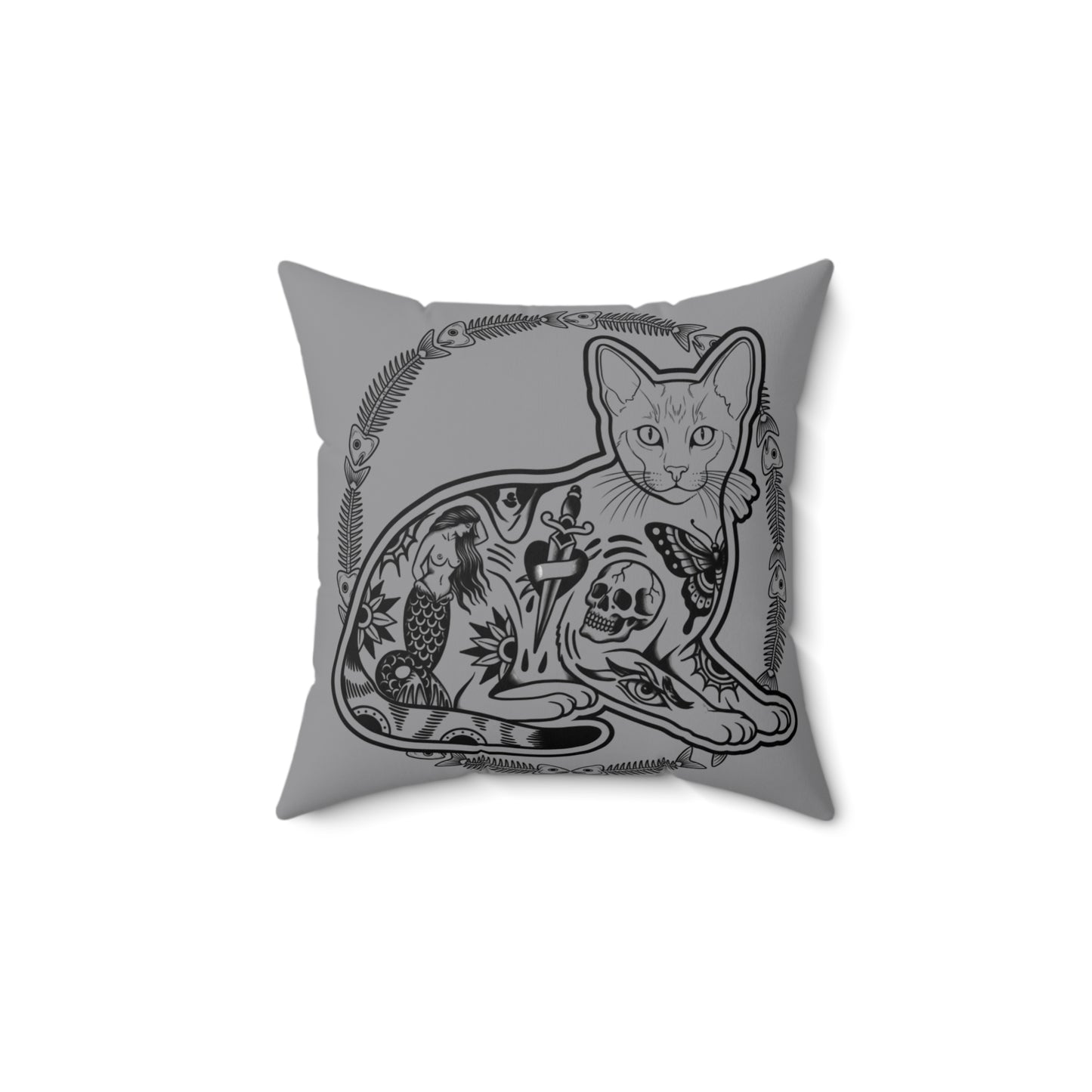 Tattooed Cat Fish Bones Circle Original Tattoo Artwork - Pillow, Home Decor, Grey Pillow