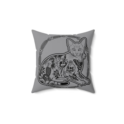 Tattooed Cat Fish Bones Circle Original Tattoo Artwork - Pillow, Home Decor, Grey Pillow