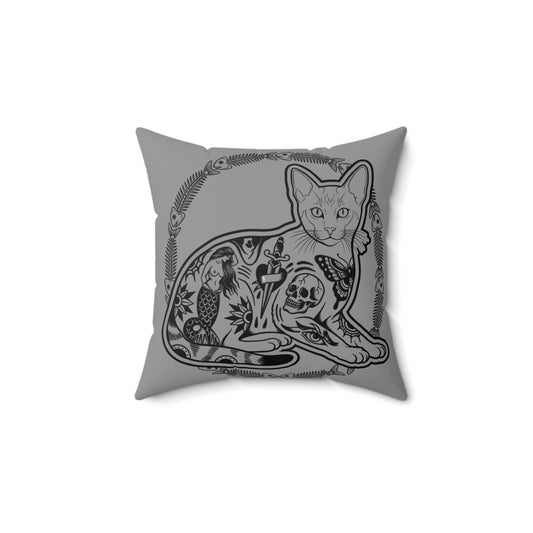Tattooed Cat Fish Bones Circle Original Tattoo Artwork - Pillow, Home Decor, Grey Pillow