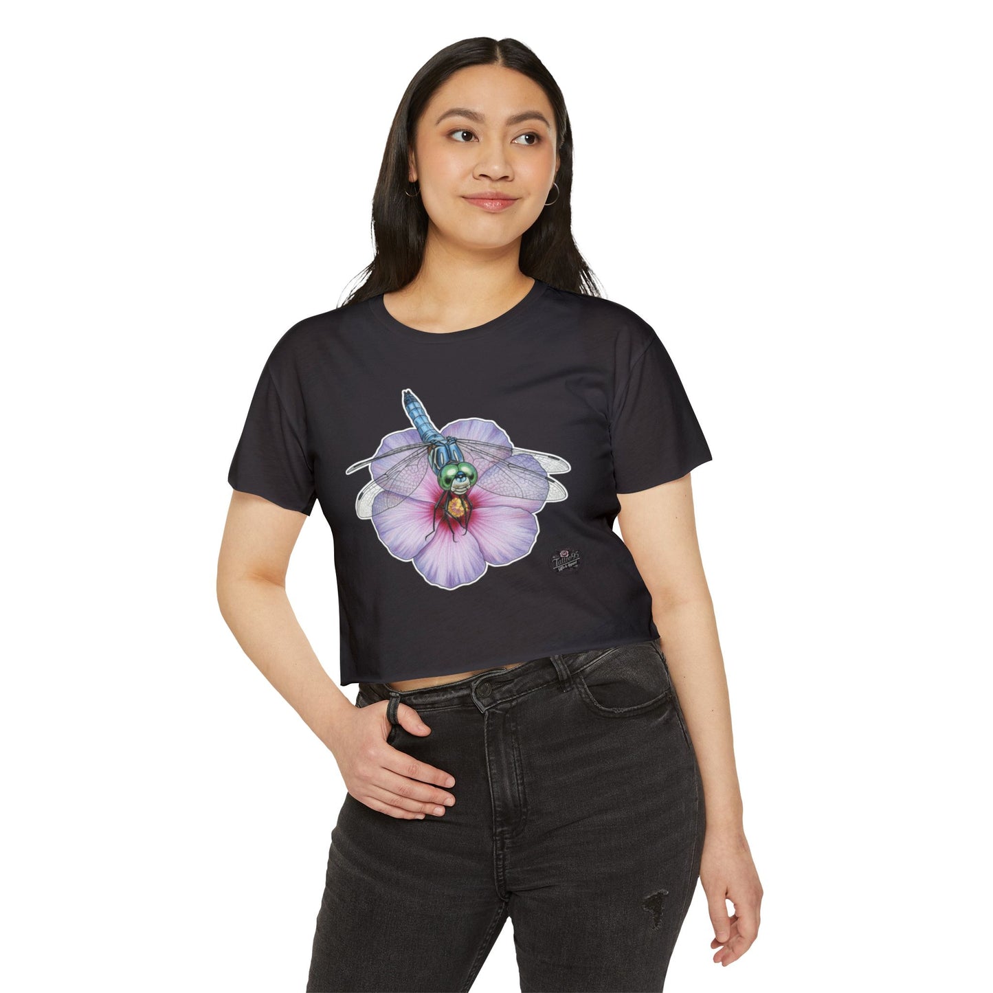 Dragonfly Hibiscus - Black Cropped TShirt (XS-2XL)