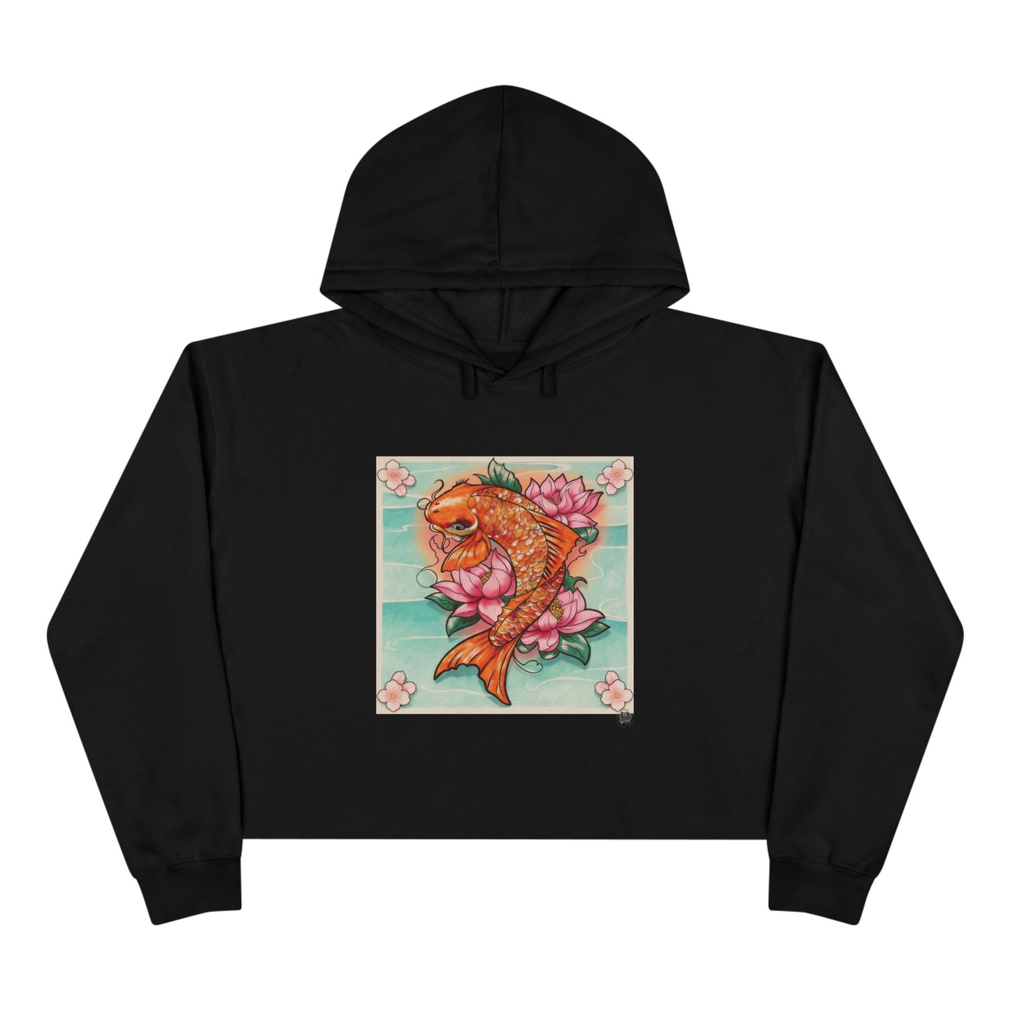 Girly Koi Pink Lotus Tattoo - Black Crop Hoodie — Original Tattoo Artwork