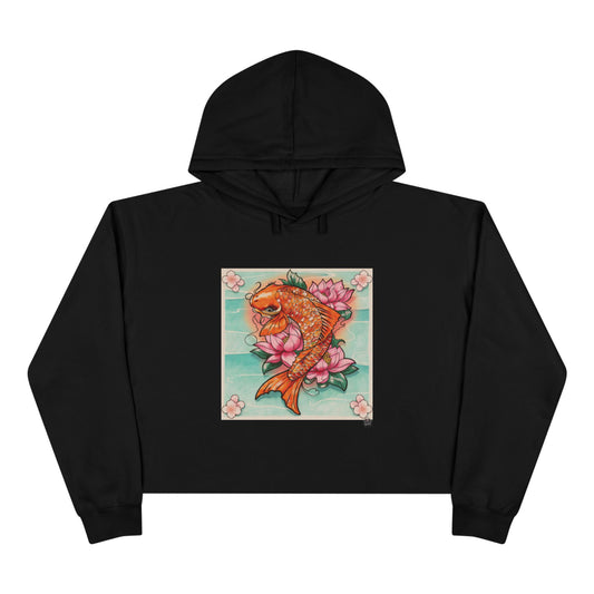 Girly Koi Pink Lotus Tattoo - Black Crop Hoodie — Original Tattoo Artwork