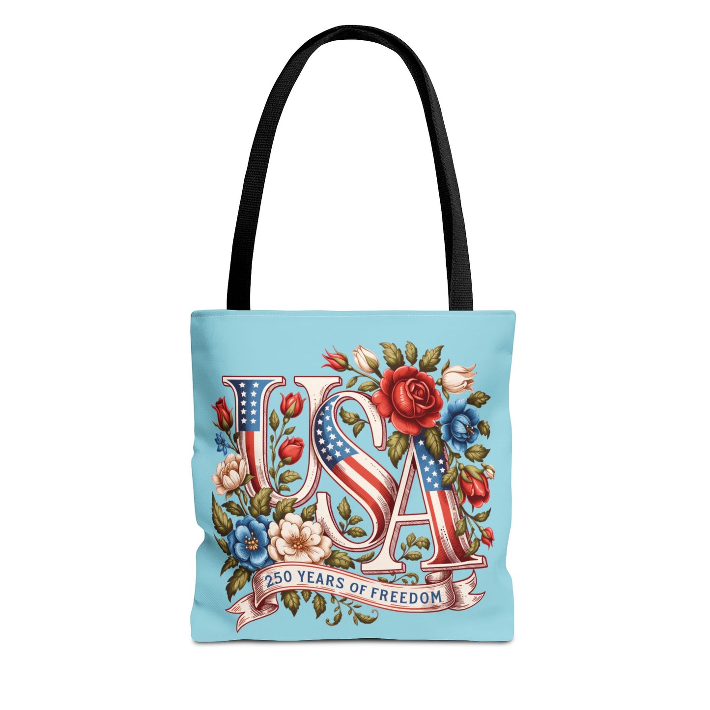 Floral USA -- Happy 250th Birthday America Tote Bag — Patriotic 4th of July Celebration Tote