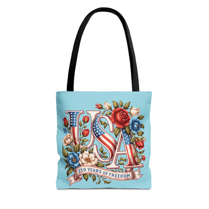 Floral USA -- Happy 250th Birthday America Tote Bag — Patriotic 4th of July Celebration Tote