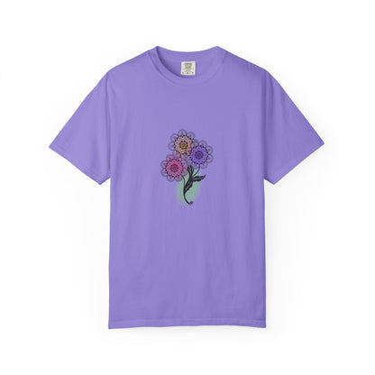Skull Flower Mandela Trio - Unisex T-Shirt — Hand-Drawn Flower Bouquet & Sugar Skull Back Print