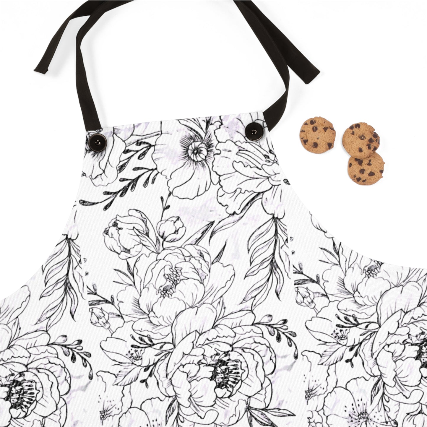 Peonies Tattoo Artwork - White Apron - Black Floral Artwork