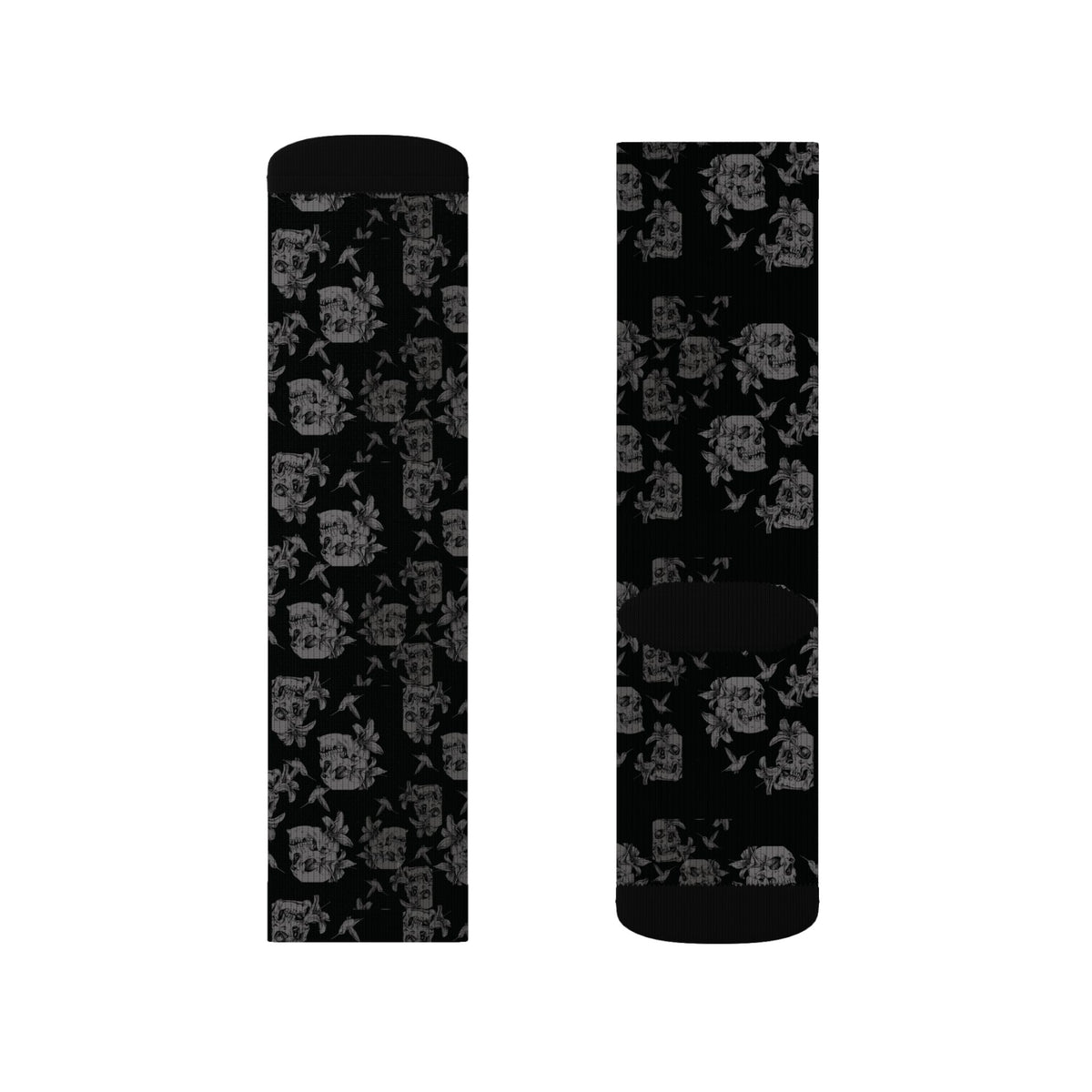 Skull Lily Tattoo Artwork Sublimation Socks — Black Gothic Crew Socks for Halloween & Everyday
