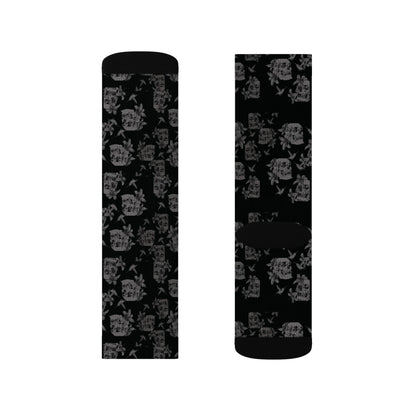 Skull Lily Tattoo Artwork Sublimation Socks — Black Gothic Crew Socks for Halloween & Everyday