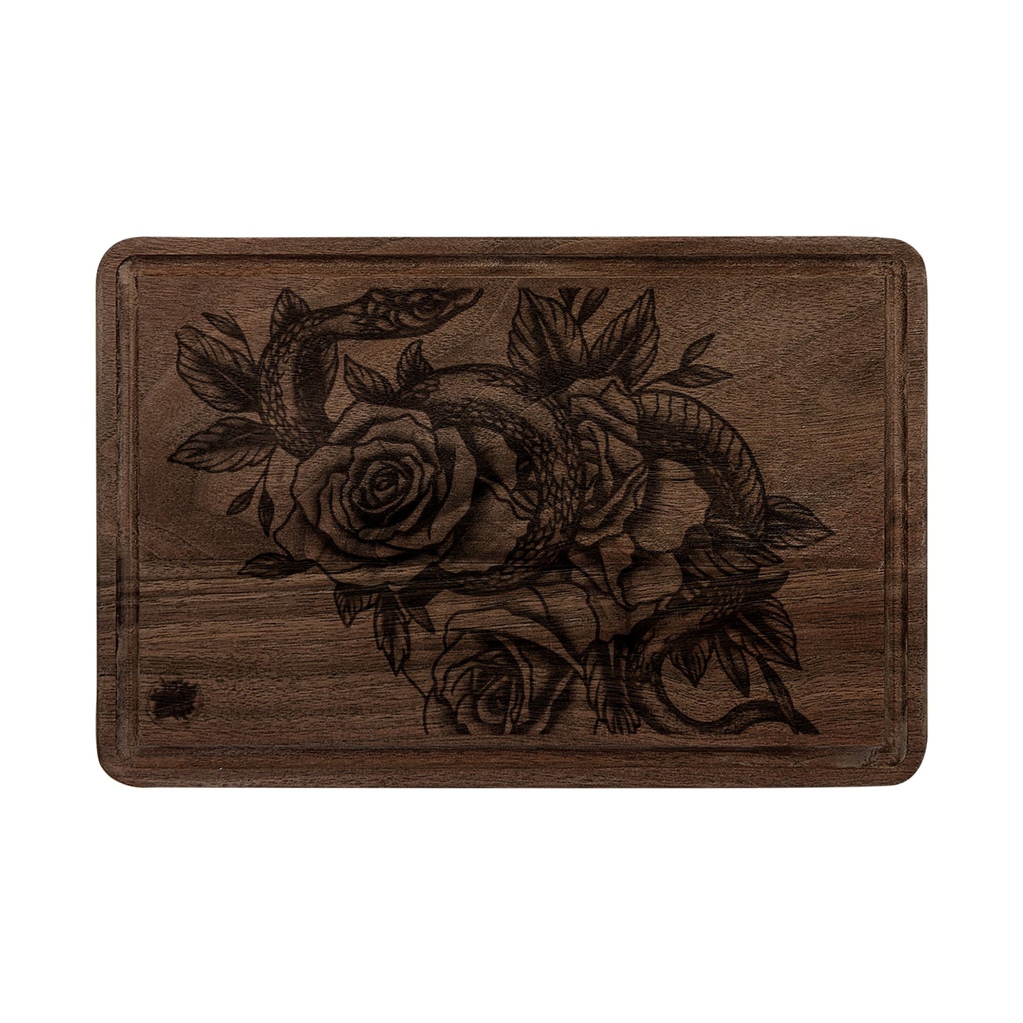 Snake & Roses Engraved Wooden Cutting Board — Decorative Paddle & Rectangular Serving Board