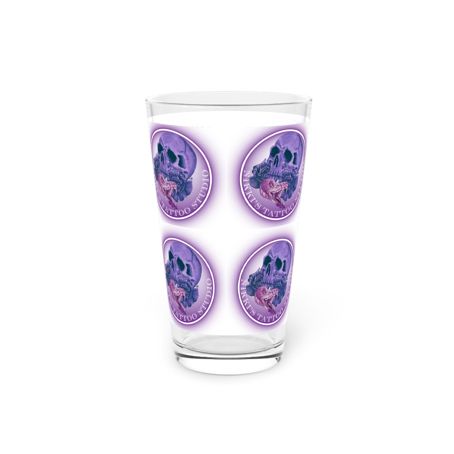 Nikki's Tattoo Studio Collection - Skull and Snake Logo, Beer 16oz Pint Glass