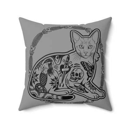 Tattooed Cat Fish Bones Circle Original Tattoo Artwork - Pillow, Home Decor, Grey Pillow
