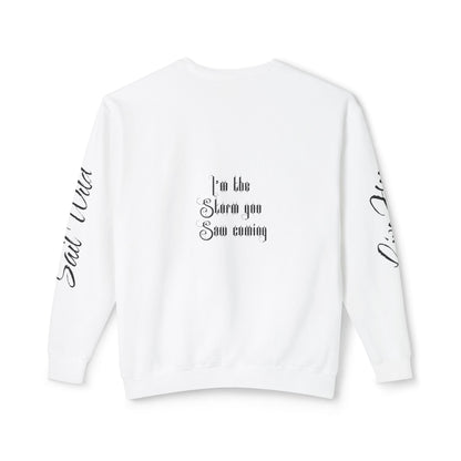 Live Free, Sail Wild Pirate Lady with Back Quote "I’m the Storm You Saw Coming" -  Unisex Crewneck sweatshirt