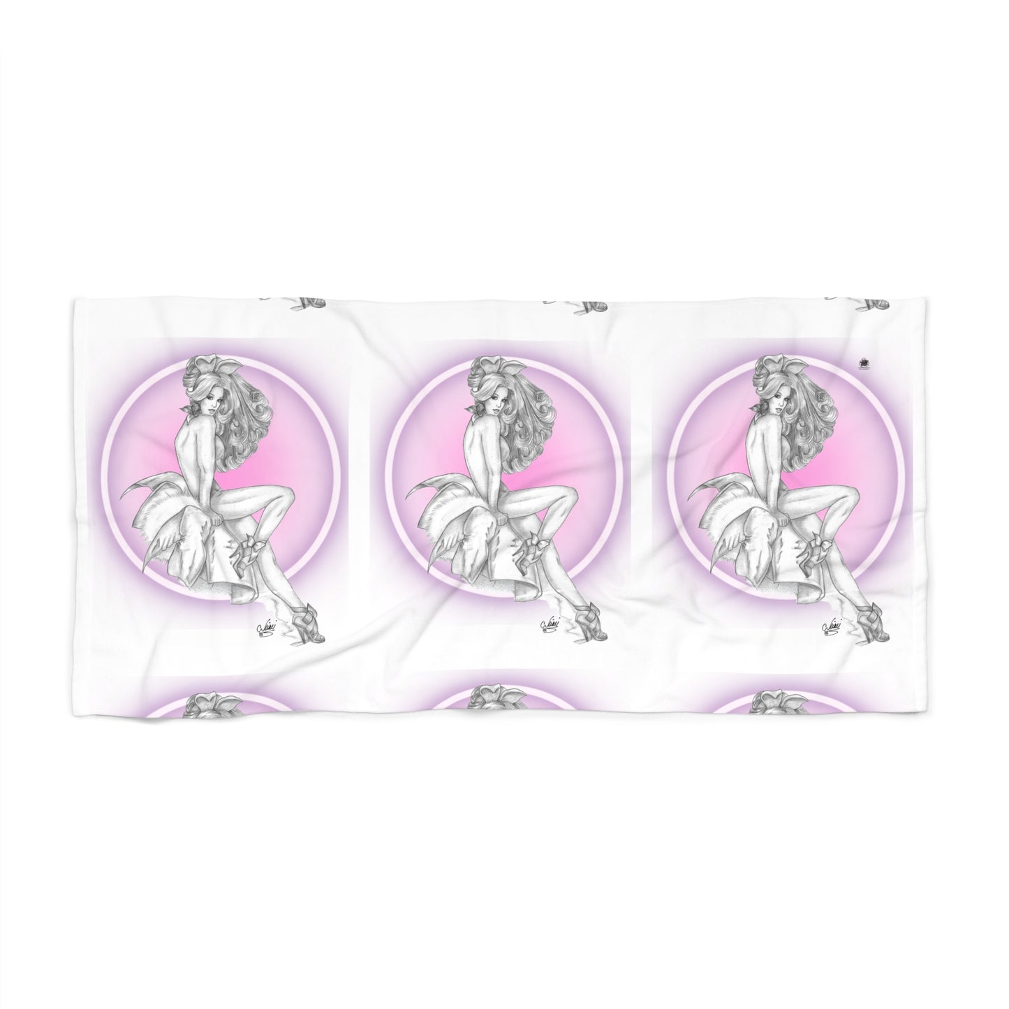 Three circular designs with a stylized woman on a white background