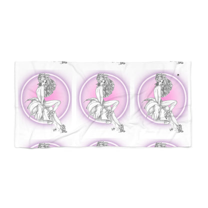 Three circular designs with a stylized woman on a white background