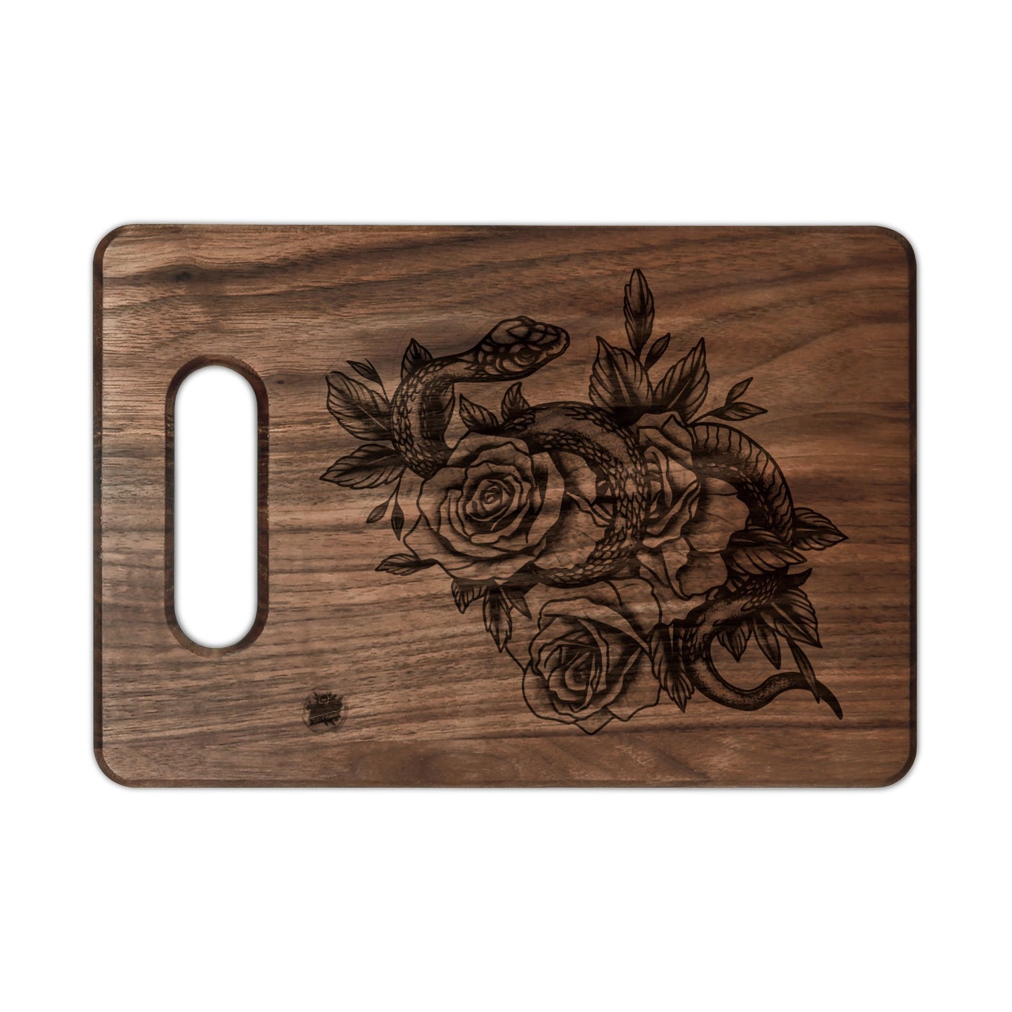 Snake & Roses Engraved Wooden Cutting Board — Decorative Paddle & Rectangular Serving Board