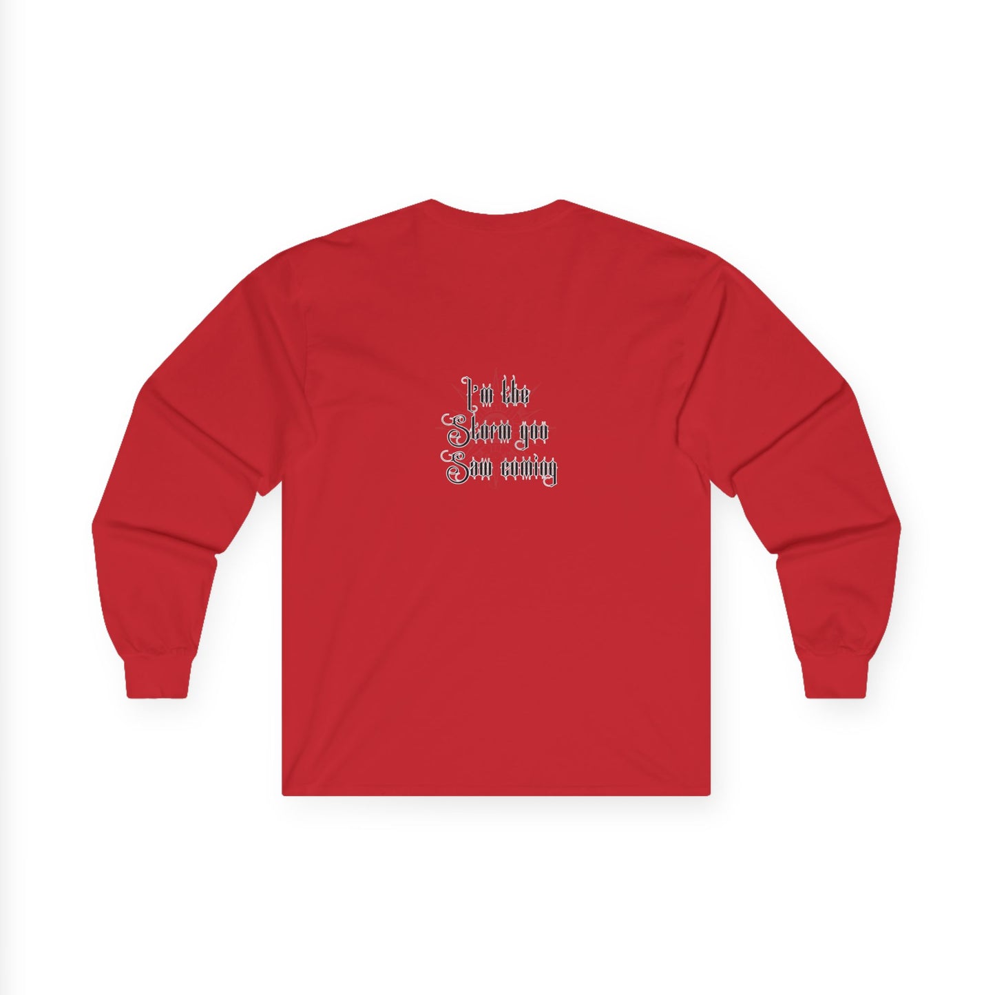 Live Free, Sail Wild Pirate Lady with Back Quote "I’m the Storm You Saw Coming" - Gildan Adult Long Sleeve Ultra Cotton T-Shirt