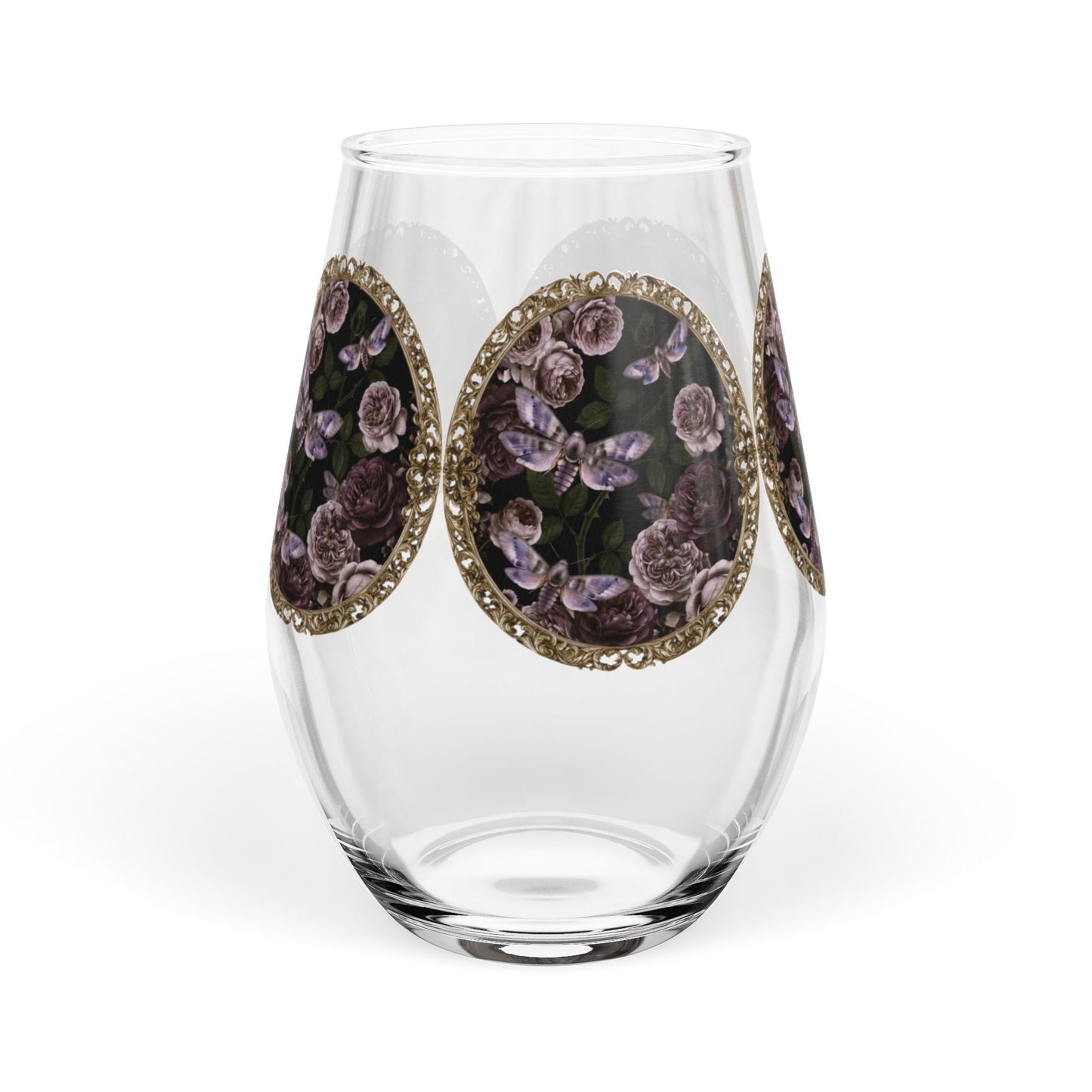 Purple Moths Vintage Floral Medallion Stemless Wine Glass — 11.75 oz