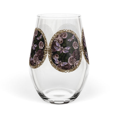 Purple Moths Vintage Floral Medallion Stemless Wine Glass — 11.75 oz