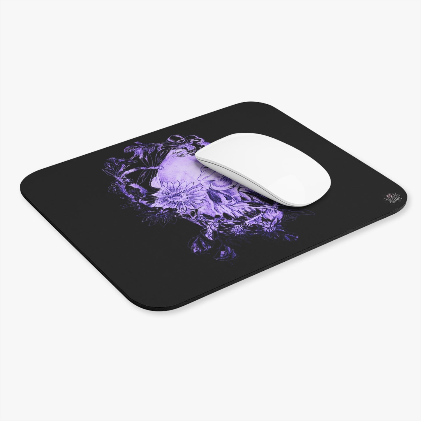 Floral Skull and Dragonfly Tattoo Art (Purple) - Mouse Pad — Elegant Purple & Black Desk Mat