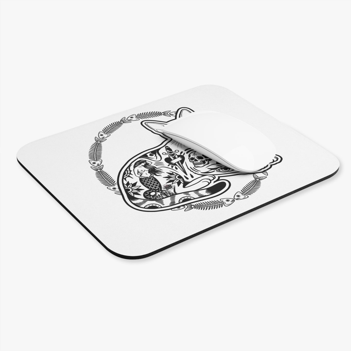 Tattooed Cat Fish Bones Circle Original Tattoo Artwork - Mouse Pad — Elegant White & Black Desk Mat