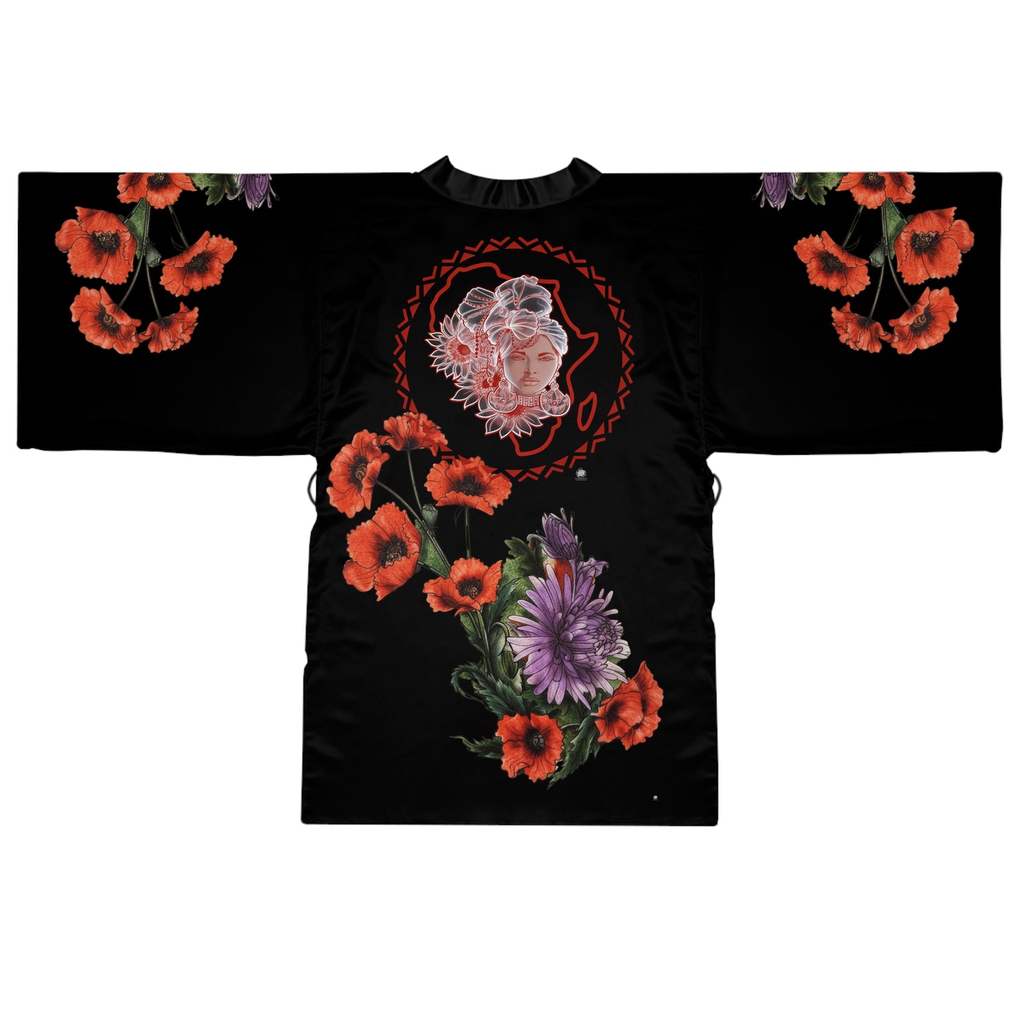 Sacred Beauty with Red Poppy Purple - Kimono Robe — Silky Long-Sleeve Lounge & Party Wrap