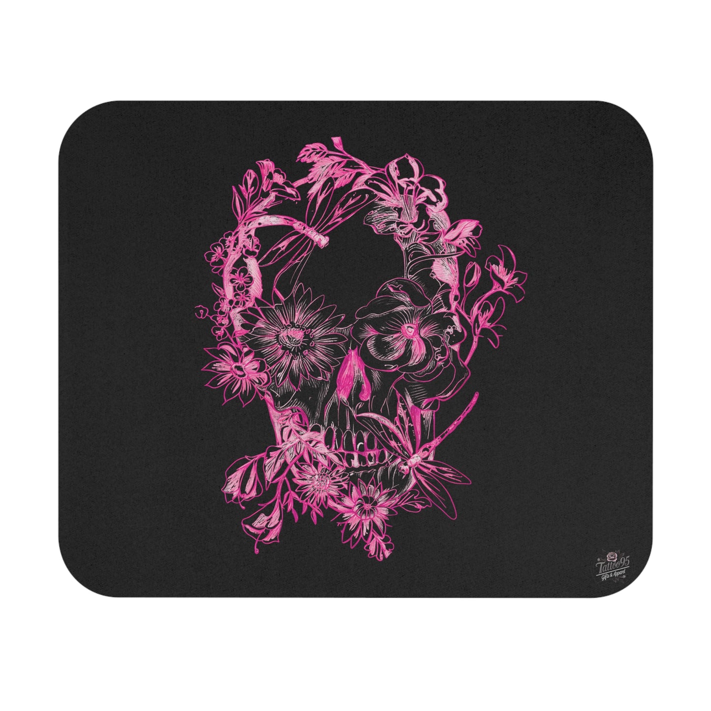 Floral Skull and Dragonfly Tattoo Art (Pink) - Mouse Pad — Elegant Purple & Black Desk Mat
