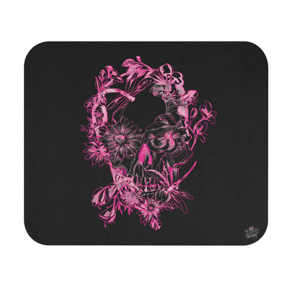Floral Skull and Dragonfly Tattoo Art (Pink) - Mouse Pad — Elegant Purple & Black Desk Mat