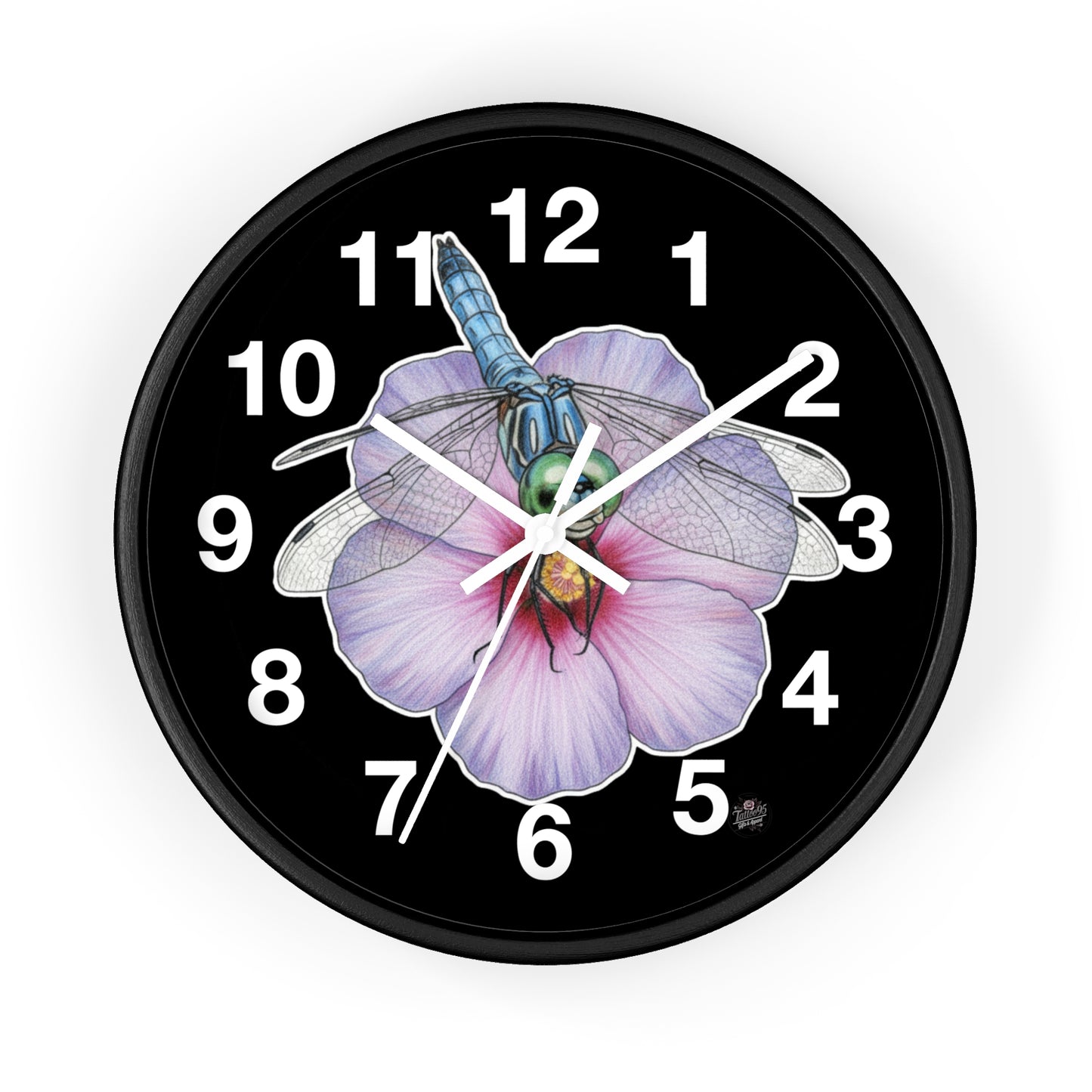 Dragonfly Hibiscus - Wall Clock — Black Background Silent 10" Clock